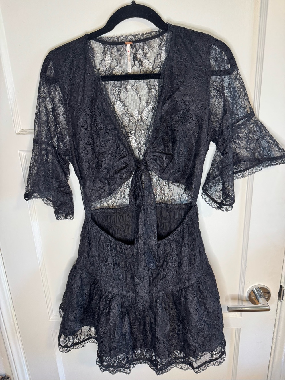 Free People Black Lace Cutout Mini Dress Bell Sleeve Size M